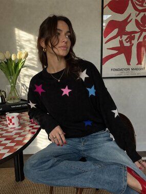 Rails Black Crewneck Sweater with Multicolor Star Motif